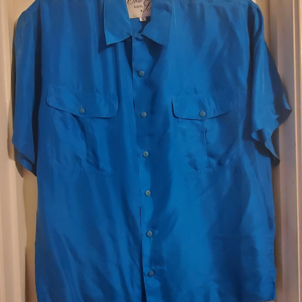 Vintage Cosi Silk 100% Silk Blue Short Sleeve Button-Up Shirt